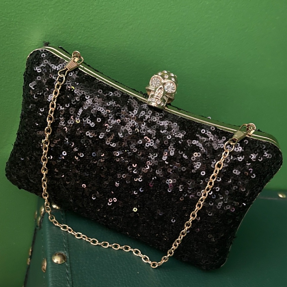 NIB Skull Sequin Clutch Designer Inspired Black